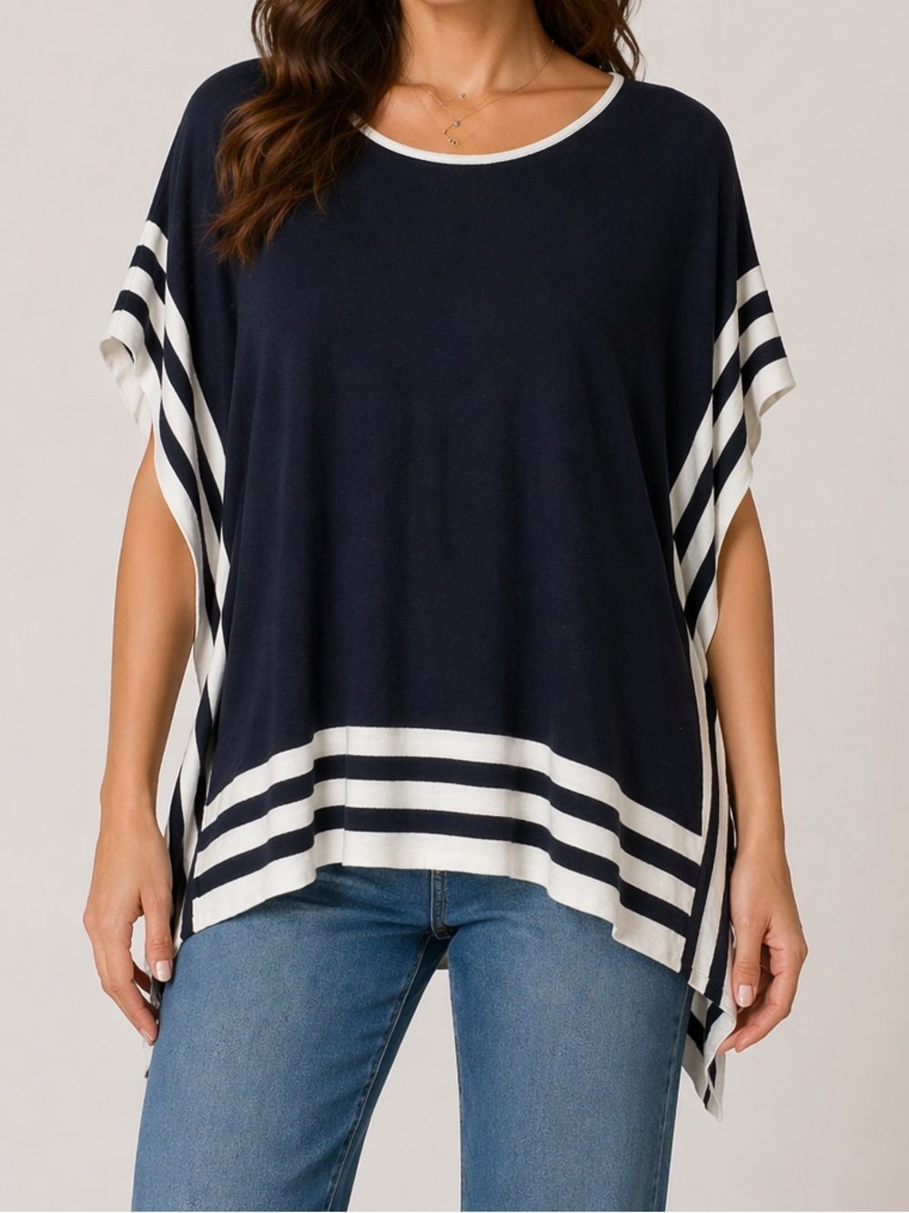 Alison Sheri Soft‎ light knit Relaxed Navy Tunic with White Stripe Trim